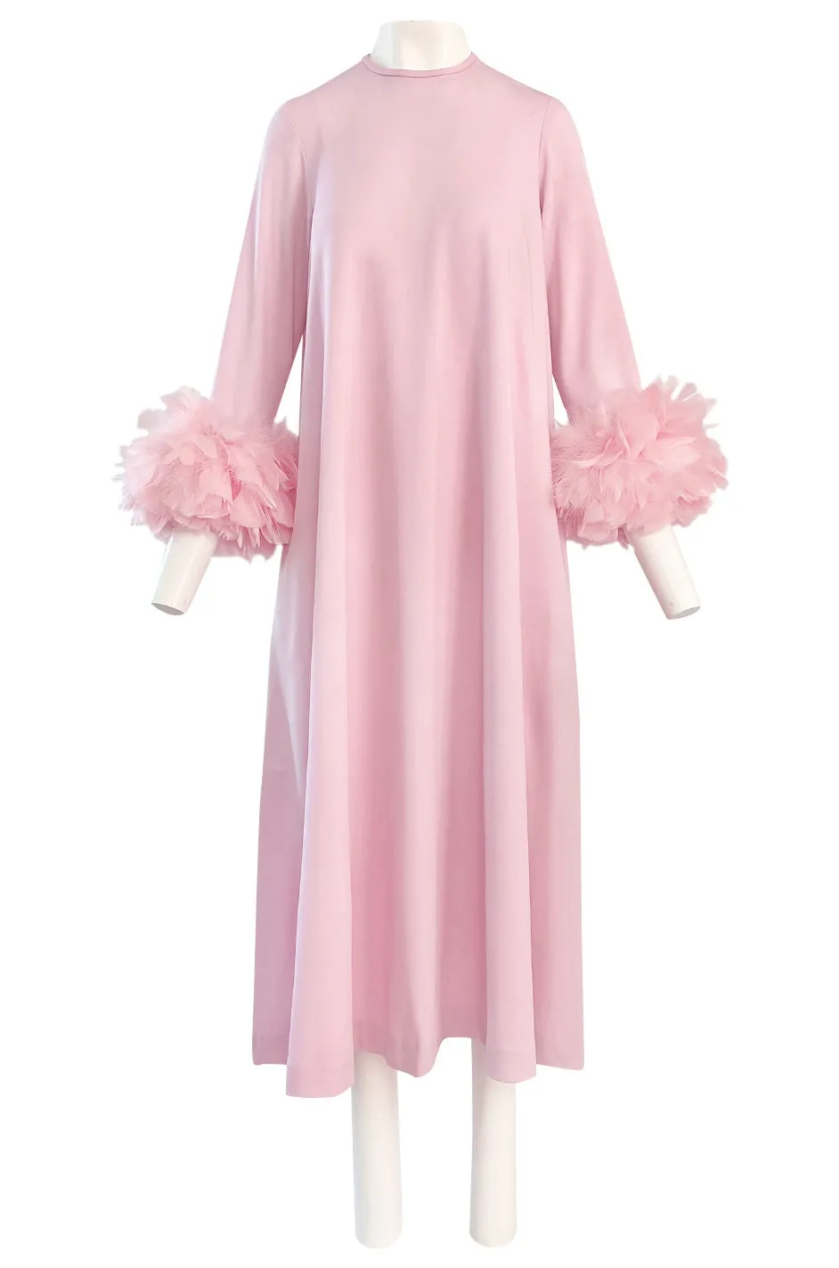 1960s Odette Barsa Loose & Easy Fitting Pink Caftan w Wide Pink Feather Cuffs