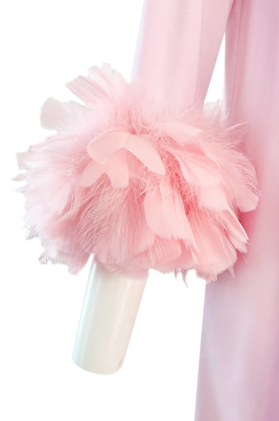 1960s Odette Barsa Loose & Easy Fitting Pink Caftan w Wide Pink Feather Cuffs