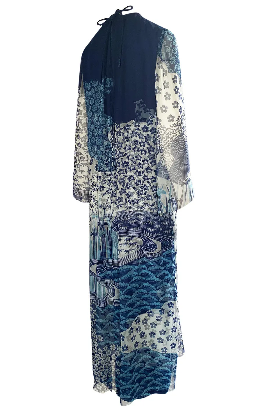 1970s Hanae Mori Silk Chiffon Deep Blue Floral & Water Print Dress