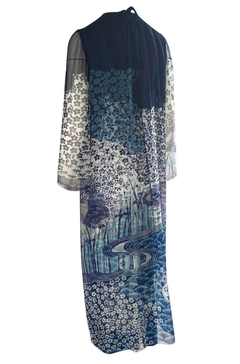 1970s Hanae Mori Silk Chiffon Deep Blue Floral & Water Print Dress