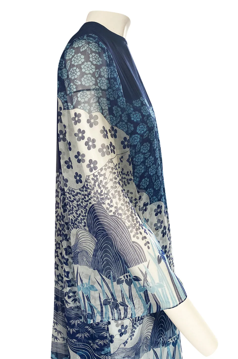 1970s Hanae Mori Silk Chiffon Deep Blue Floral & Water Print Dress