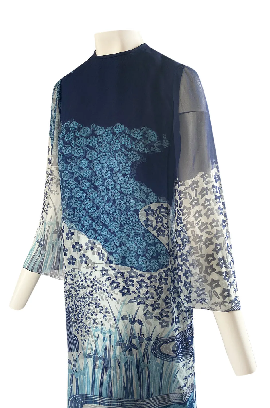 1970s Hanae Mori Silk Chiffon Deep Blue Floral & Water Print Dress
