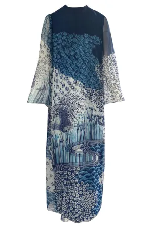 1970s Hanae Mori Silk Chiffon Deep Blue Floral & Water Print Dress