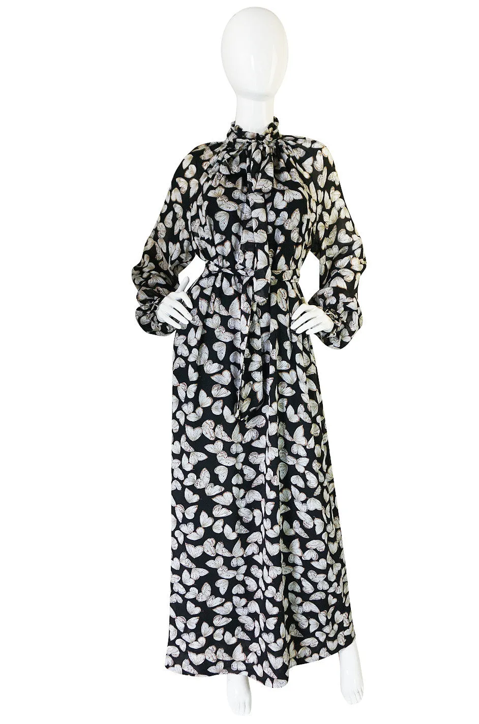 1970s Silk Butterfly Print Hanae Mori Caftan Dress