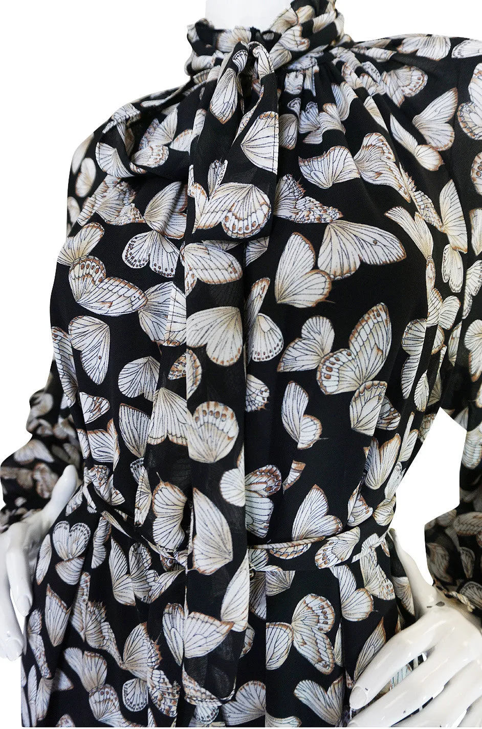 1970s Silk Butterfly Print Hanae Mori Caftan Dress