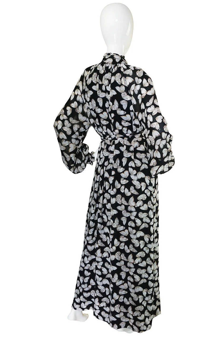 1970s Silk Butterfly Print Hanae Mori Caftan Dress