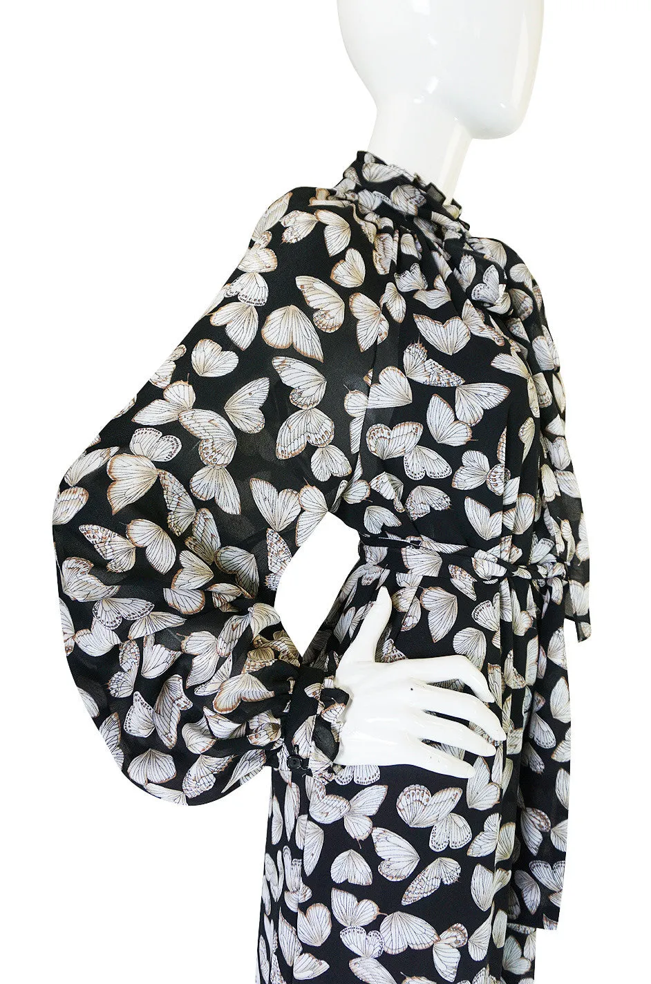 1970s Silk Butterfly Print Hanae Mori Caftan Dress