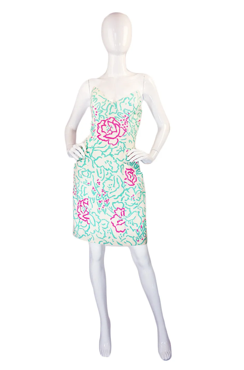 1970s Strapless Silk Lanvin Print Dress