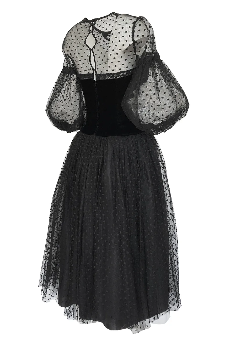 1970s Victor Costa Black Full Skirted Dotted Net & Velvet Bow Dress