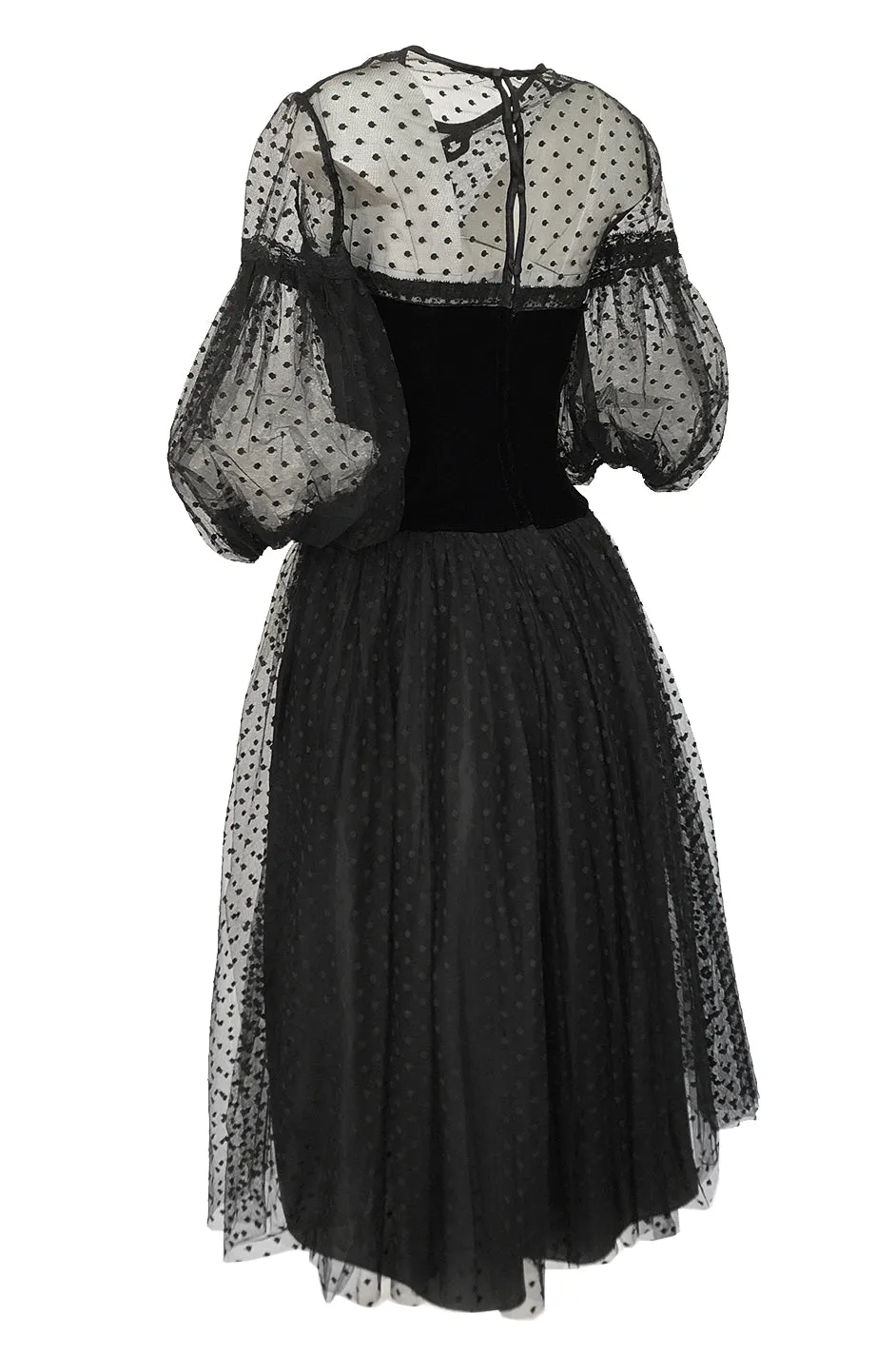 1970s Victor Costa Black Full Skirted Dotted Net & Velvet Bow Dress