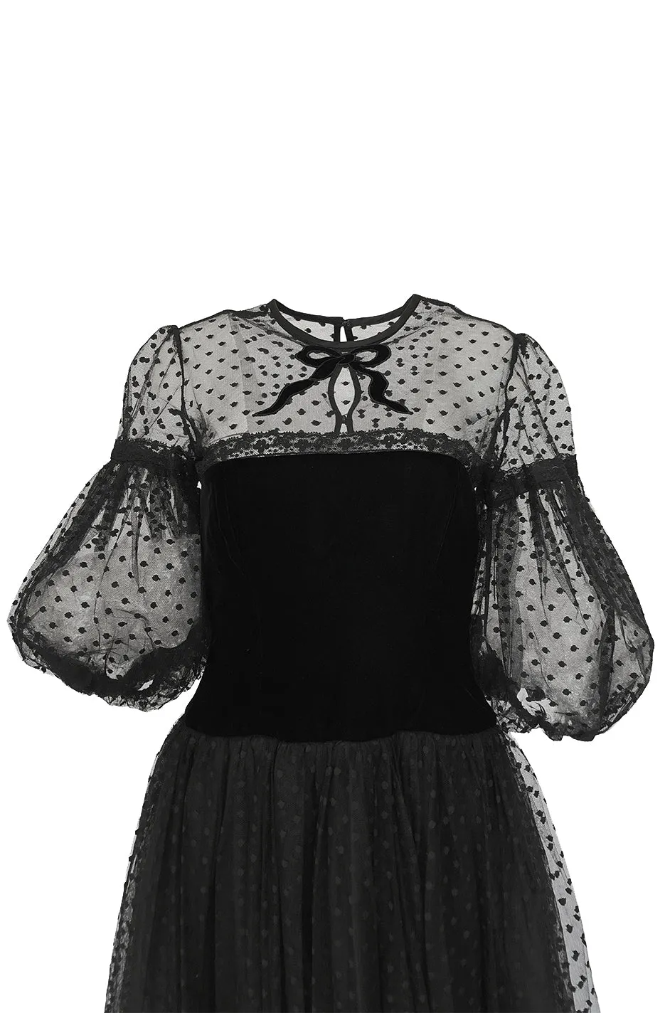 1970s Victor Costa Black Full Skirted Dotted Net & Velvet Bow Dress