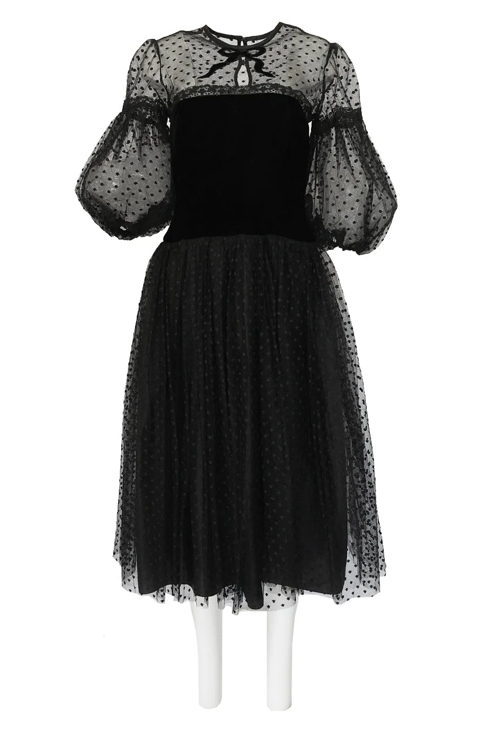 1970s Victor Costa Black Full Skirted Dotted Net & Velvet Bow Dress