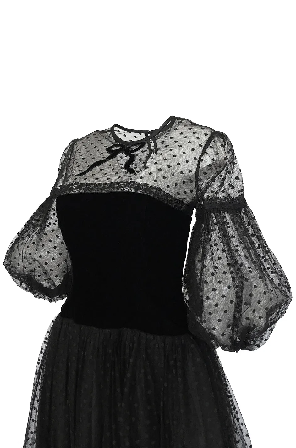 1970s Victor Costa Black Full Skirted Dotted Net & Velvet Bow Dress