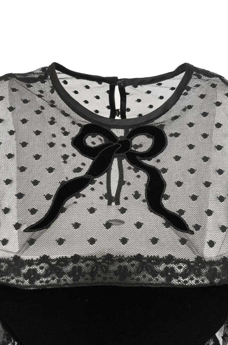 1970s Victor Costa Black Full Skirted Dotted Net & Velvet Bow Dress