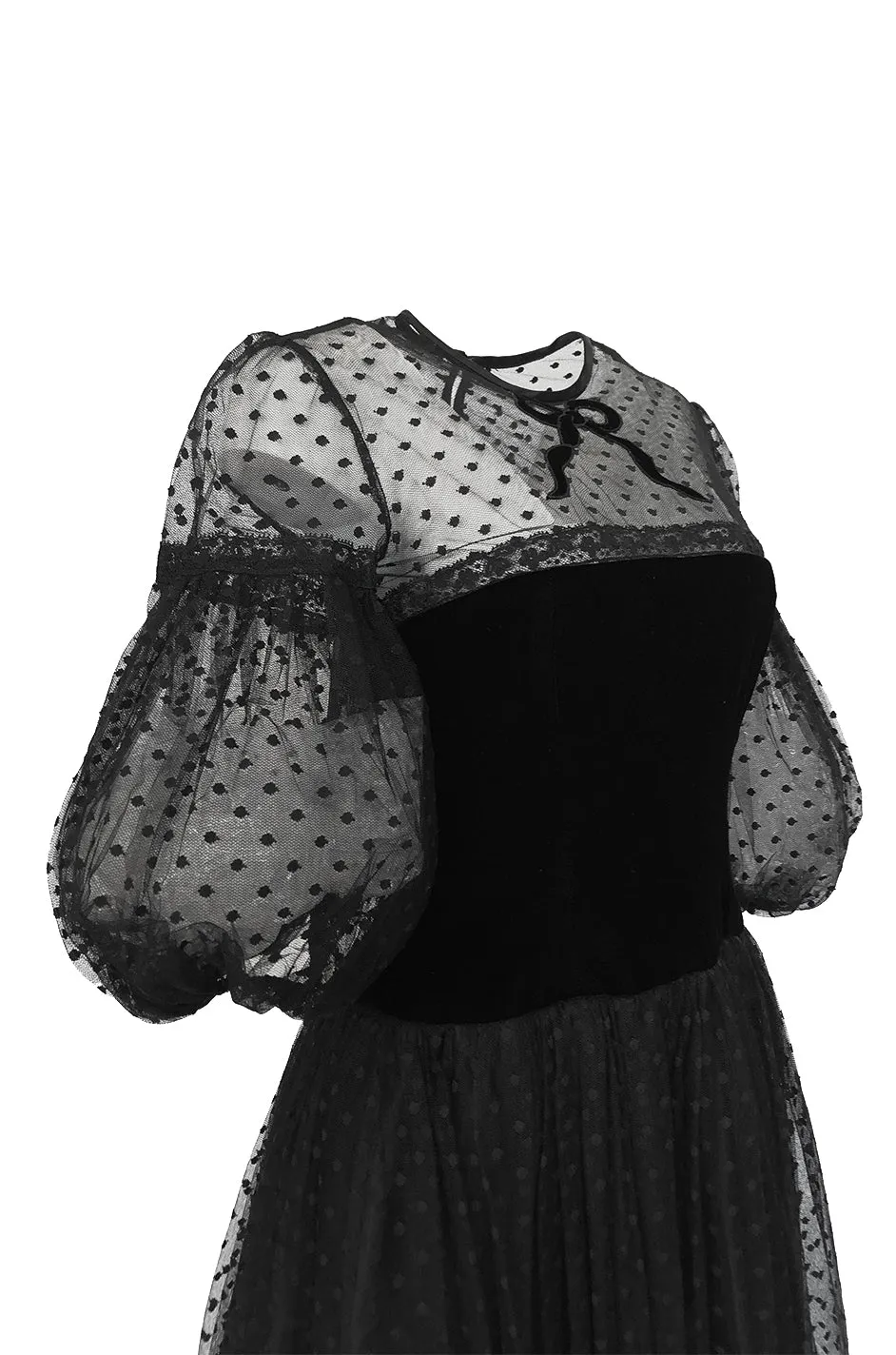 1970s Victor Costa Black Full Skirted Dotted Net & Velvet Bow Dress