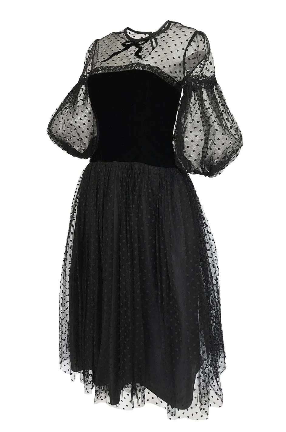 1970s Victor Costa Black Full Skirted Dotted Net & Velvet Bow Dress