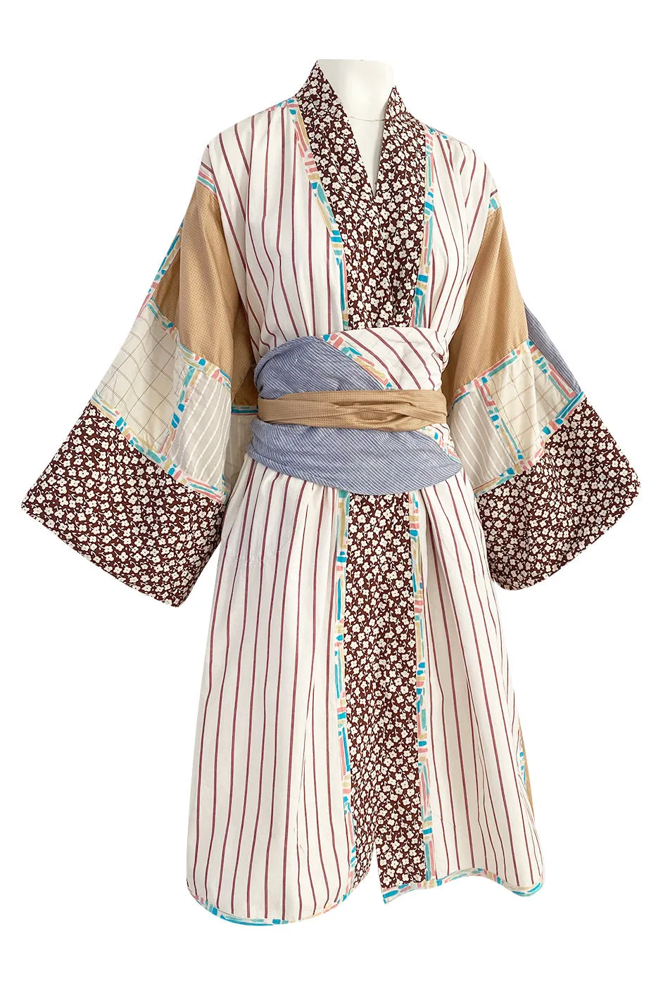 1980s Koos Van Den Akker Patchwork Collage Wrapped Cotton Coat or Dress w Wide Sash