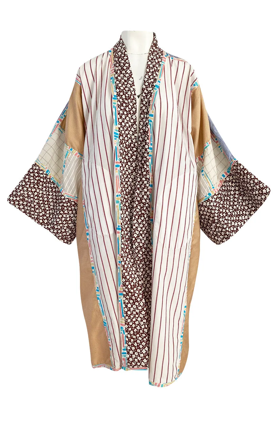 1980s Koos Van Den Akker Patchwork Collage Wrapped Cotton Coat or Dress w Wide Sash
