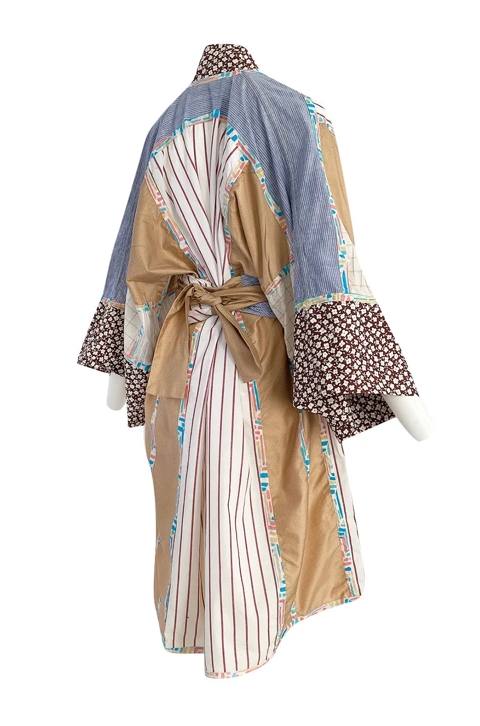 1980s Koos Van Den Akker Patchwork Collage Wrapped Cotton Coat or Dress w Wide Sash
