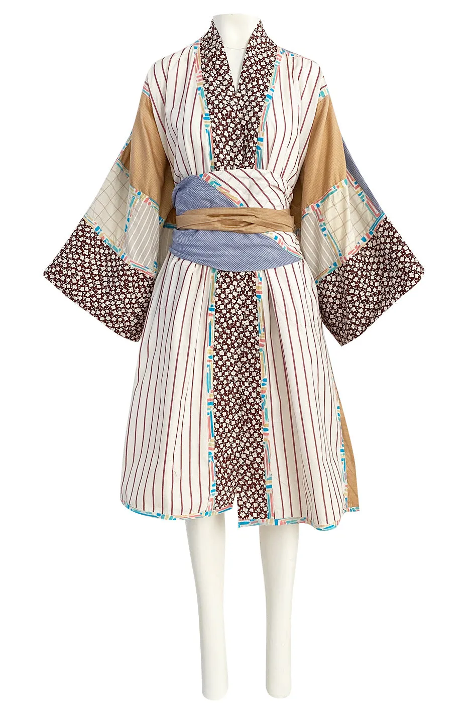 1980s Koos Van Den Akker Patchwork Collage Wrapped Cotton Coat or Dress w Wide Sash