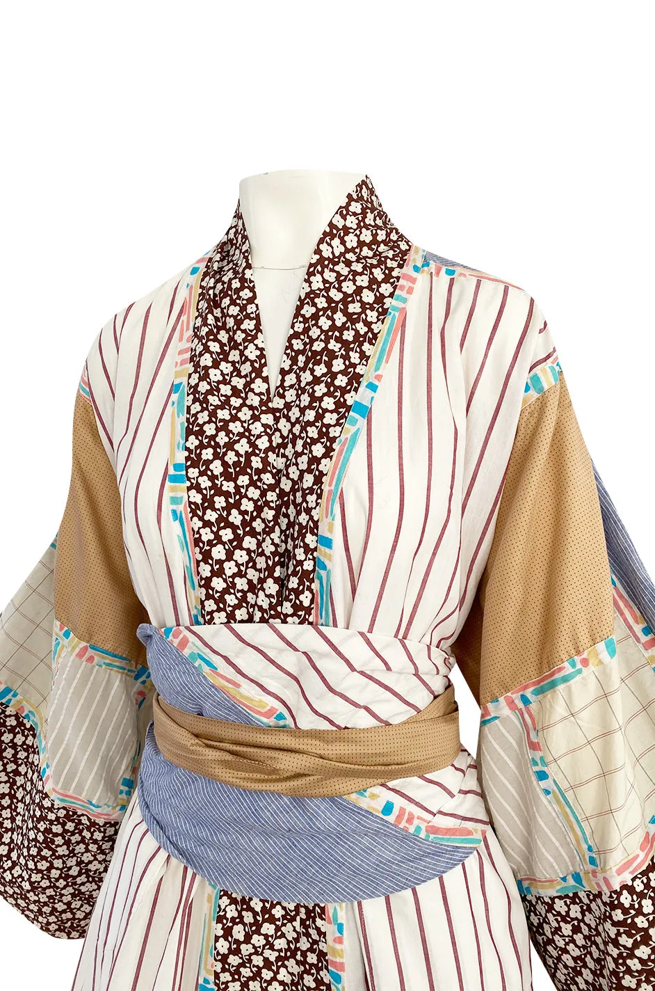 1980s Koos Van Den Akker Patchwork Collage Wrapped Cotton Coat or Dress w Wide Sash