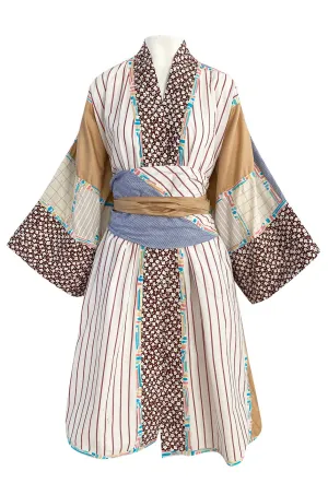 1980s Koos Van Den Akker Patchwork Collage Wrapped Cotton Coat or Dress w Wide Sash