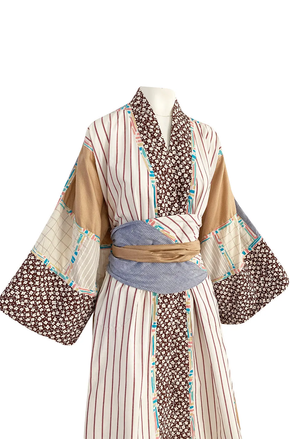 1980s Koos Van Den Akker Patchwork Collage Wrapped Cotton Coat or Dress w Wide Sash