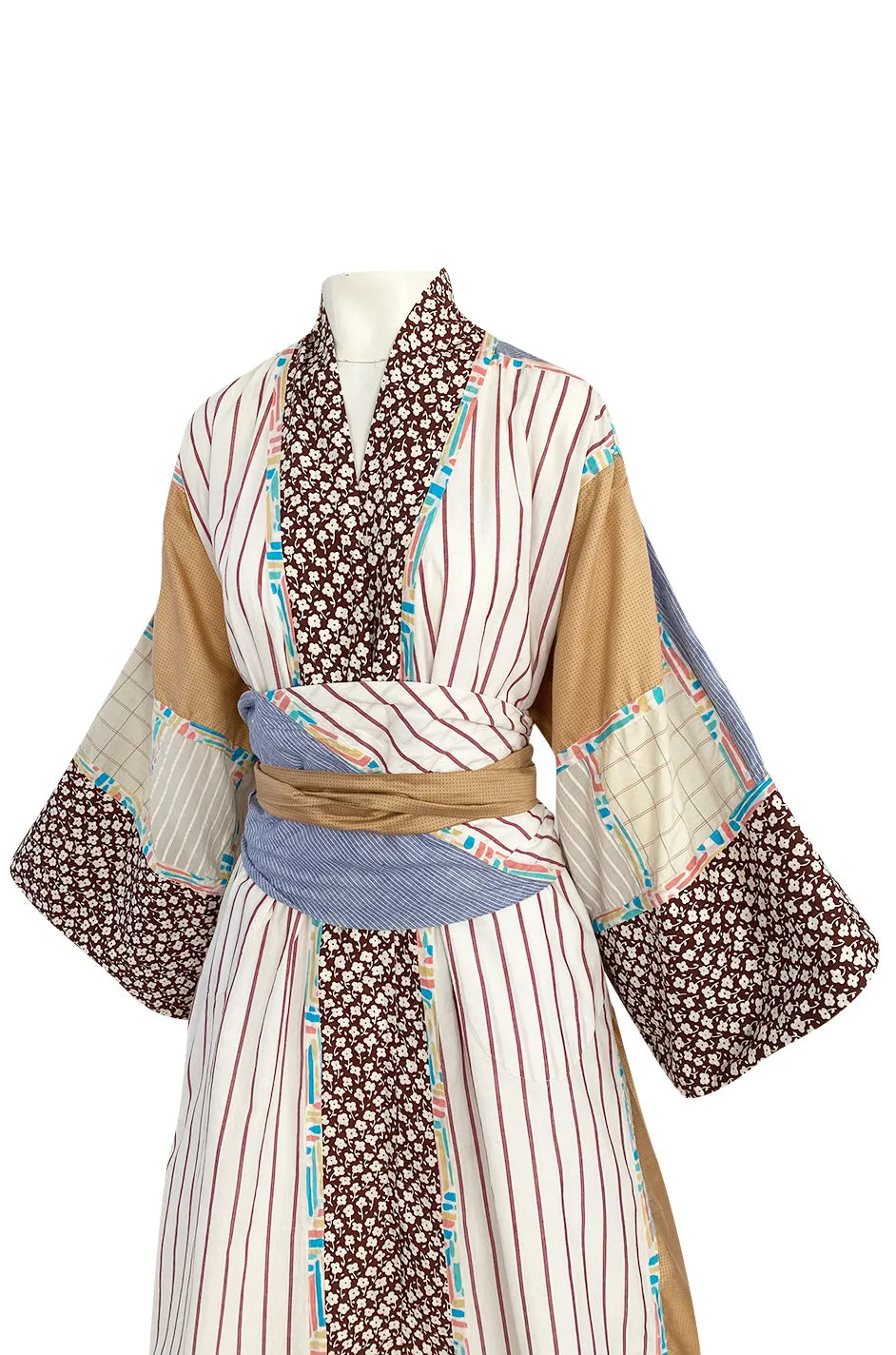 1980s Koos Van Den Akker Patchwork Collage Wrapped Cotton Coat or Dress w Wide Sash
