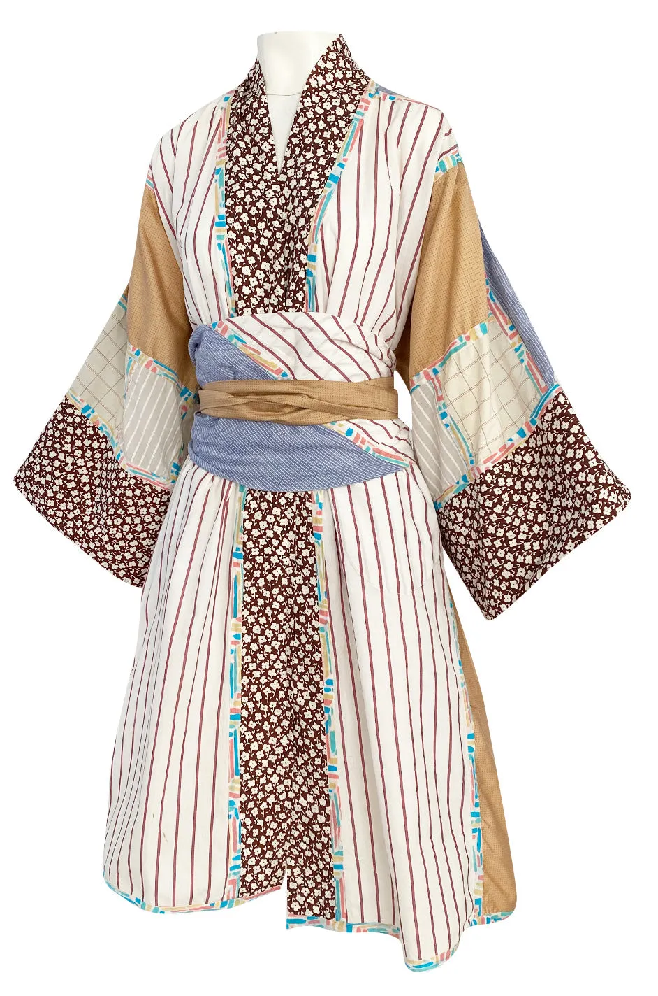 1980s Koos Van Den Akker Patchwork Collage Wrapped Cotton Coat or Dress w Wide Sash