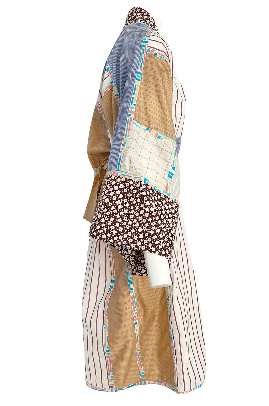1980s Koos Van Den Akker Patchwork Collage Wrapped Cotton Coat or Dress w Wide Sash