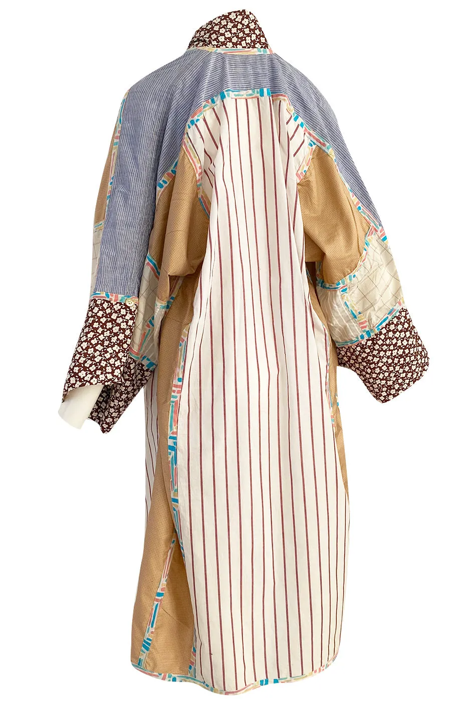 1980s Koos Van Den Akker Patchwork Collage Wrapped Cotton Coat or Dress w Wide Sash