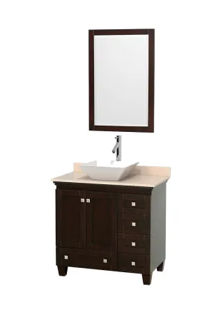 36" Single Bathroom Vanity in Espresso, Ivory Marble Countertop, Pyra White Porcelain Sink, and 24" Mirror