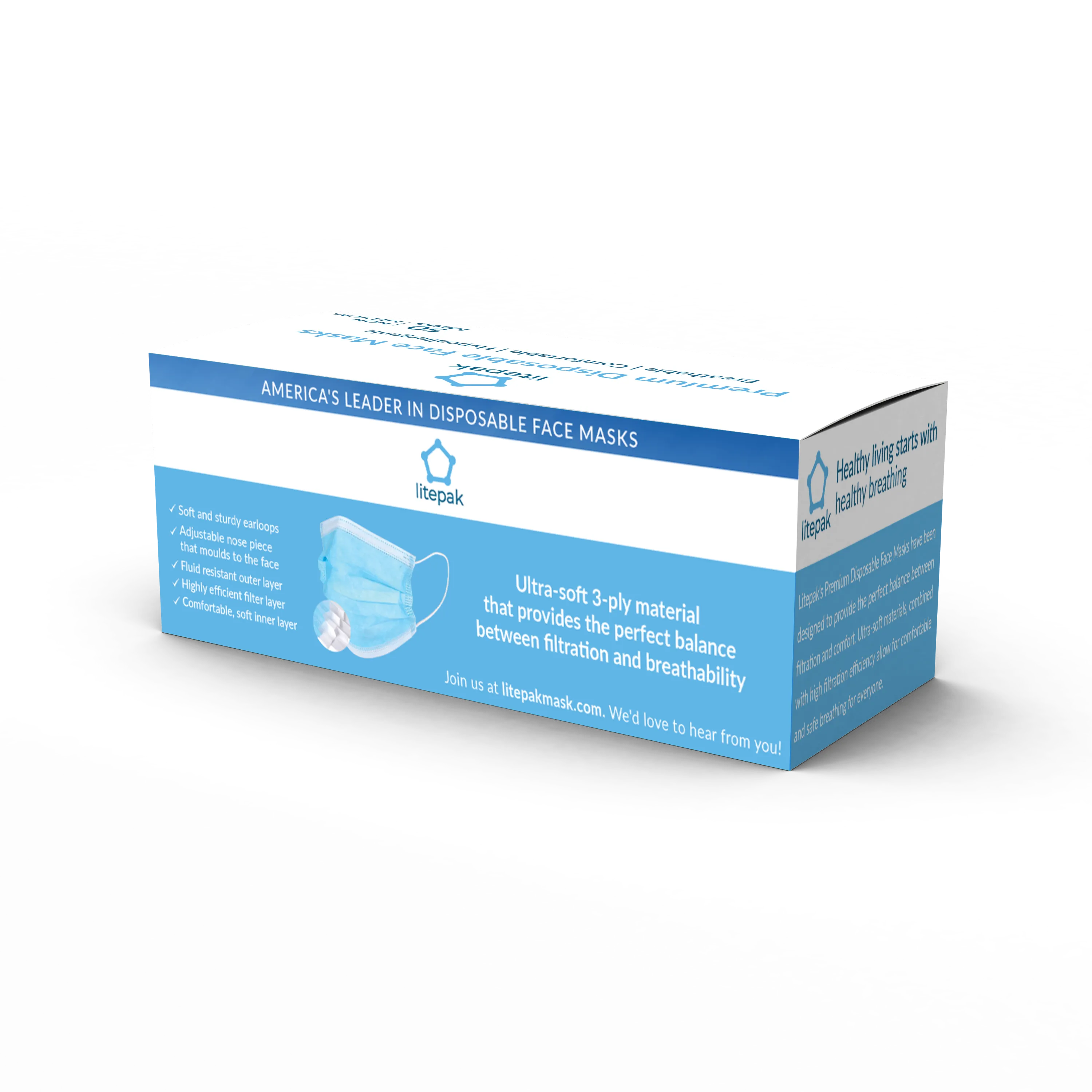 500pcs Litepak Premium Disposable Face Mask Earloop 3-Ply (10 Boxes of 50 Masks)