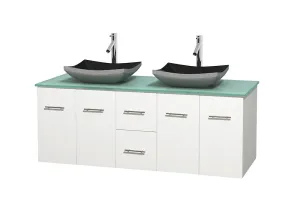 60" Double Bathroom Vanity in White, Green Glass Countertop, Altair Black Granite Sinks, and No Mirror