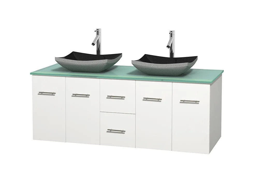60" Double Bathroom Vanity in White, Green Glass Countertop, Altair Black Granite Sinks, and No Mirror