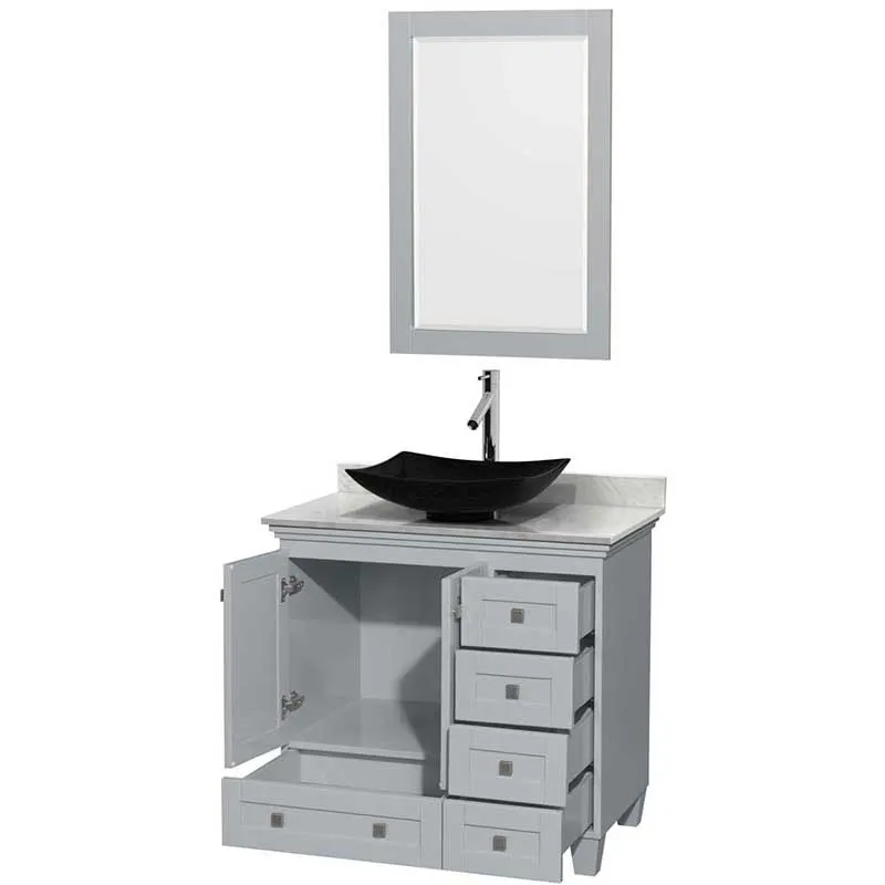 Acclaim 36" Single Bathroom Vanity in Oyster Gray, White Carrera Marble Countertop, Arista Black Granite Sink and 24" Mirror