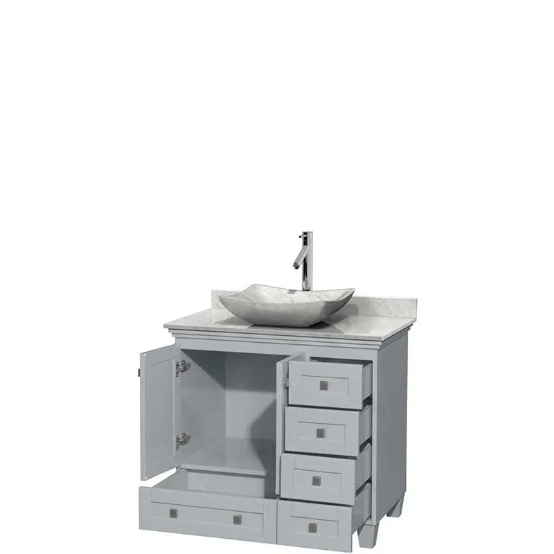 Acclaim 36" Single Bathroom Vanity in Oyster Gray, White Carrera Marble Countertop, Avalon White Carrera Marble Sink and No Mirror