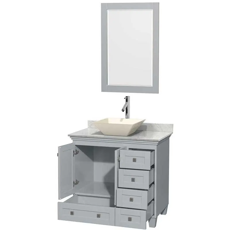 Acclaim 36" Single Bathroom Vanity in Oyster Gray, White Carrera Marble Countertop, Pyra Bone Porcelain Sink and 24" Mirror