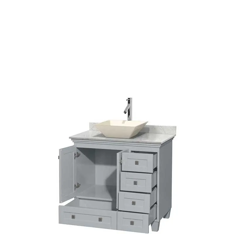 Acclaim 36" Single Bathroom Vanity in Oyster Gray, White Carrera Marble Countertop, Pyra Bone Porcelain Sink and No Mirror