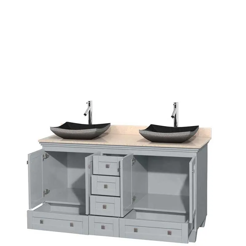Acclaim 60" Double Bathroom Vanity in Oyster Gray, Ivory Marble Countertop, Altair Black Granite Sinks and No Mirrors