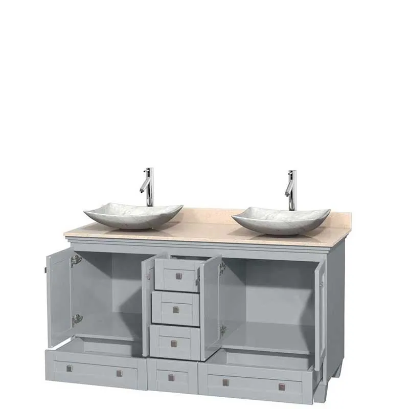 Acclaim 60" Double Bathroom Vanity in Oyster Gray, Ivory Marble Countertop, Arista White Carrera Marble Sinks and No Mirrors