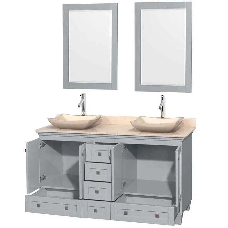 Acclaim 60" Double Bathroom Vanity in Oyster Gray, Ivory Marble Countertop, Avalon Ivory Marble Sinks and 24" Mirrors