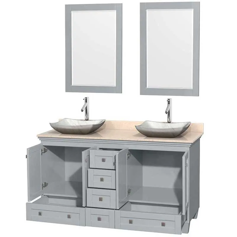Acclaim 60" Double Bathroom Vanity in Oyster Gray, Ivory Marble Countertop, Avalon White Carrera Marble Sinks and 24" Mirrors