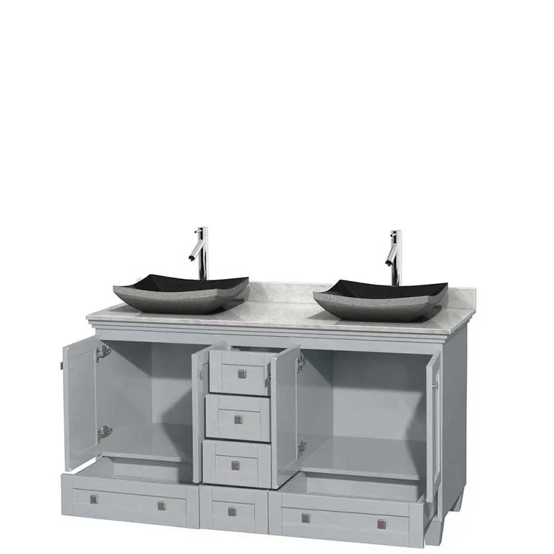 Acclaim 60" Double Bathroom Vanity in Oyster Gray, White Carrera Marble Countertop, Altair Black Granite Sinks and No Mirrors