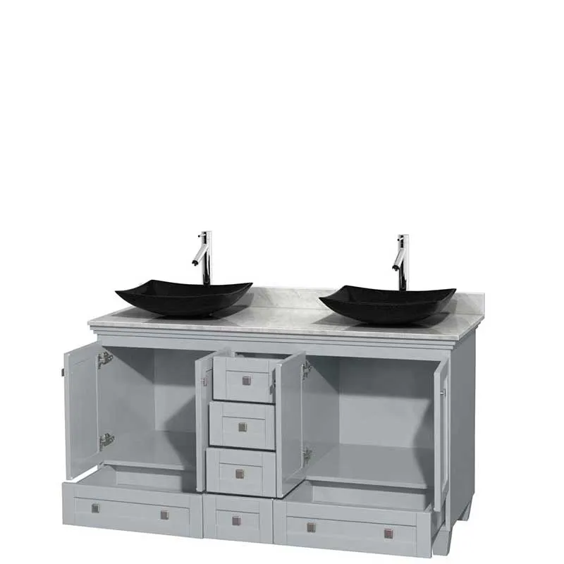 Acclaim 60" Double Bathroom Vanity in Oyster Gray, White Carrera Marble Countertop, Arista Black Granite Sinks and No Mirrors