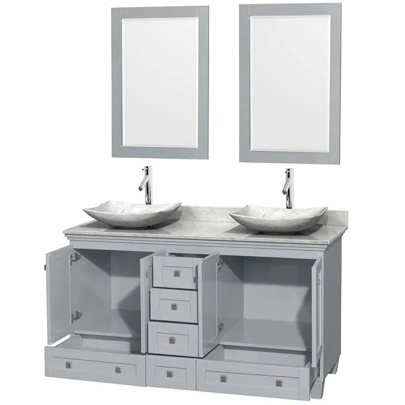Acclaim 60" Double Bathroom Vanity in Oyster Gray, White Carrera Marble Countertop, Arista White Carrera Marble Sinks and 24" Mirrors
