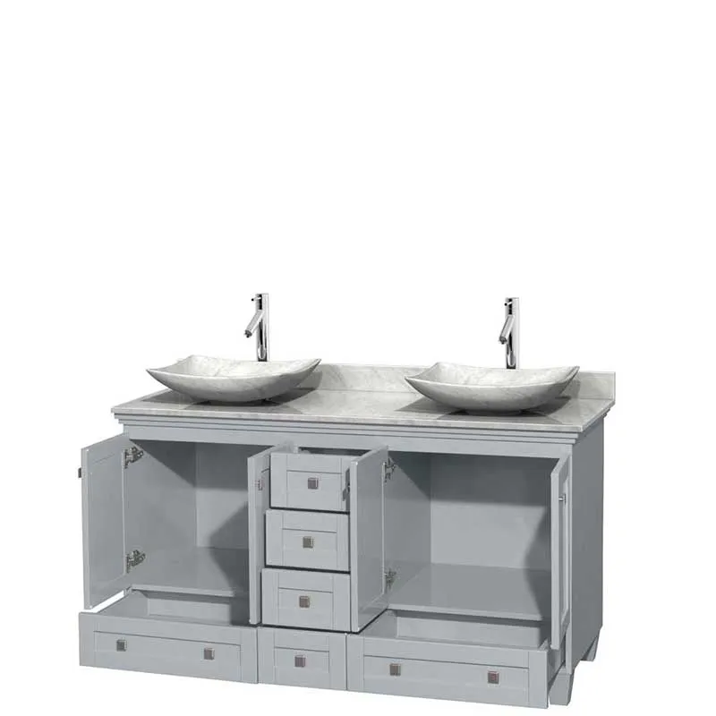 Acclaim 60" Double Bathroom Vanity in Oyster Gray, White Carrera Marble Countertop, Arista White Carrera Marble Sinks and No Mirrors