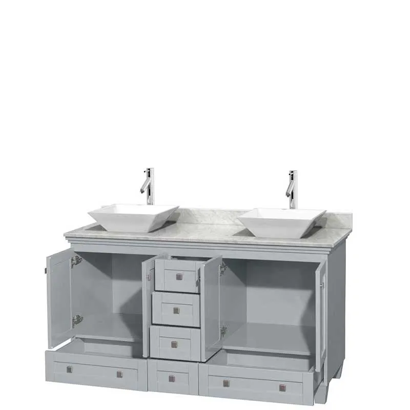 Acclaim 60" Double Bathroom Vanity in Oyster Gray, White Carrera Marble Countertop, Pyra White Porcelain Sinks and No Mirrors