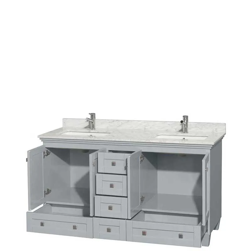 Acclaim 60" Double Bathroom Vanity in Oyster Gray, White Carrera Marble Countertop, Undermount Square Sinks and No Mirrors