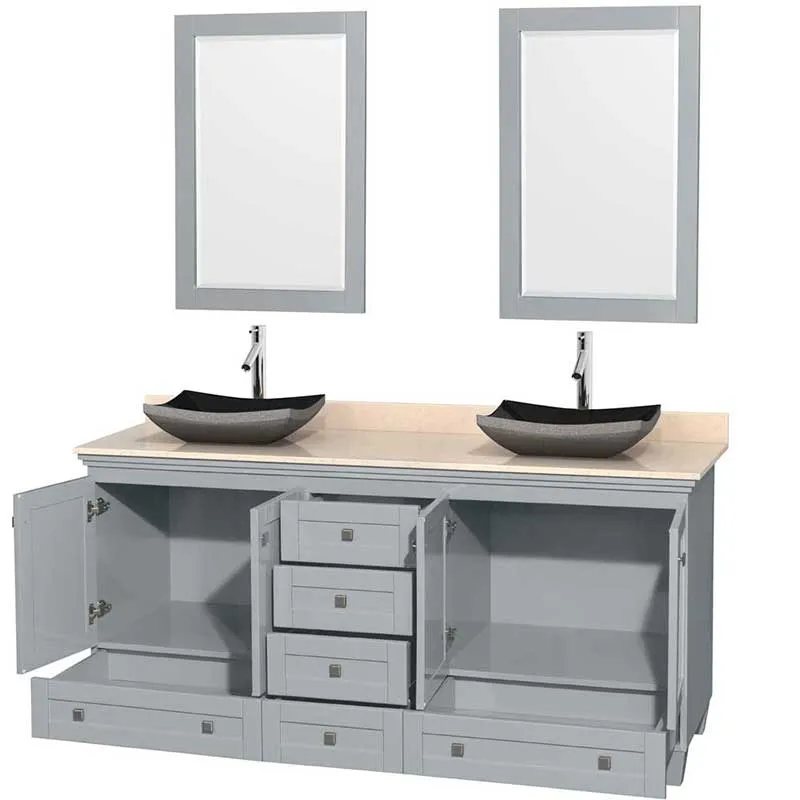 Acclaim 72" Double Bathroom Vanity in Oyster Gray, Ivory Marble Countertop, Altair Black Granite Sinks and 24" Mirrors